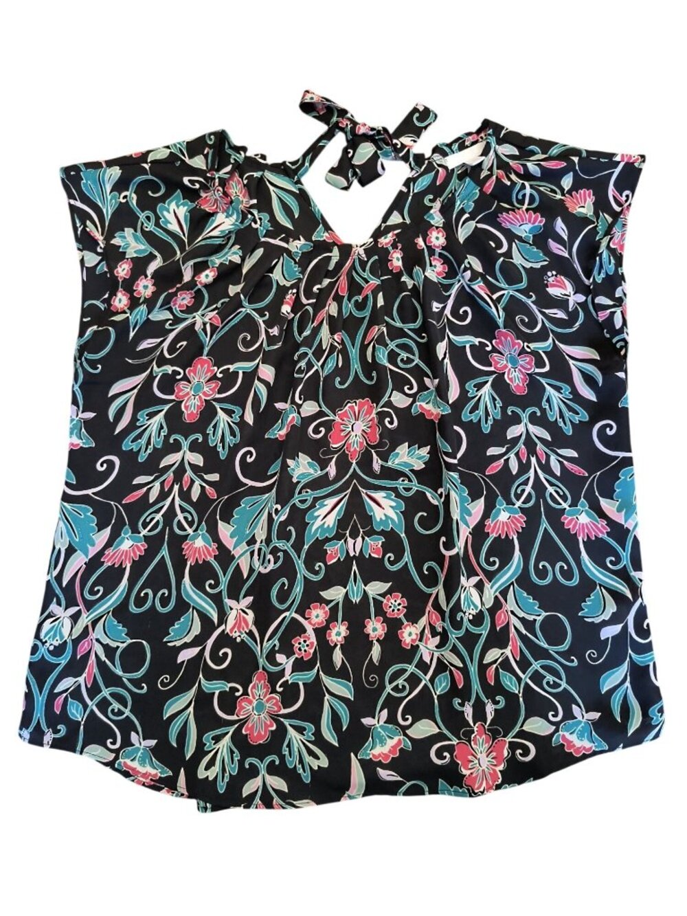 Lauren Conrad Floral Black Sleeveless Top With Bow Detail Red & Turquoise Accent